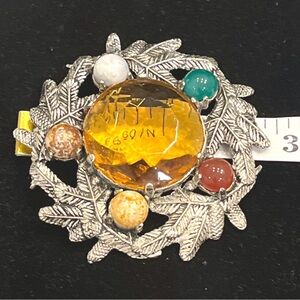 Scottish Celtic Silver Tone Brooch with Colorful Cabochons